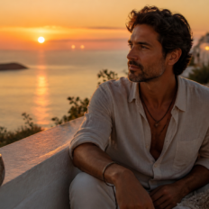 A stylish adult pauses thoughtfully as three subtle reflected lights suggest intuition and self-reflection.
