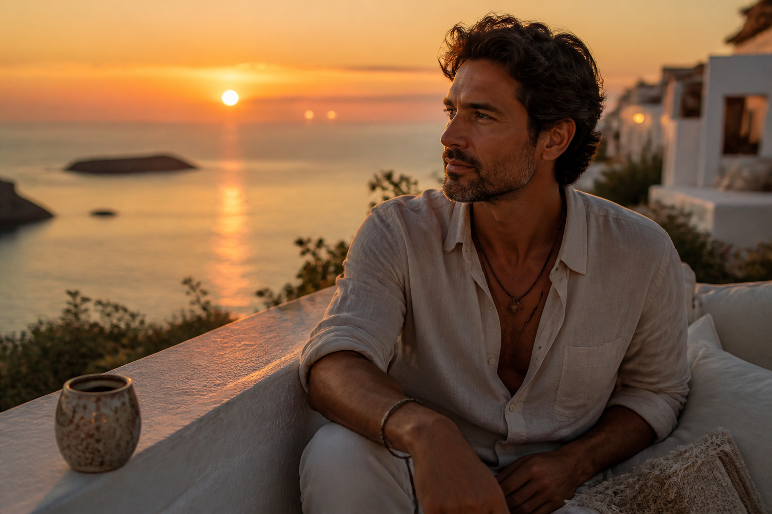 A stylish adult pauses thoughtfully as three subtle reflected lights suggest intuition and self-reflection.