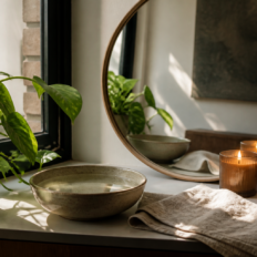 Person quietly mending terracotta fabric at a sunlit table.