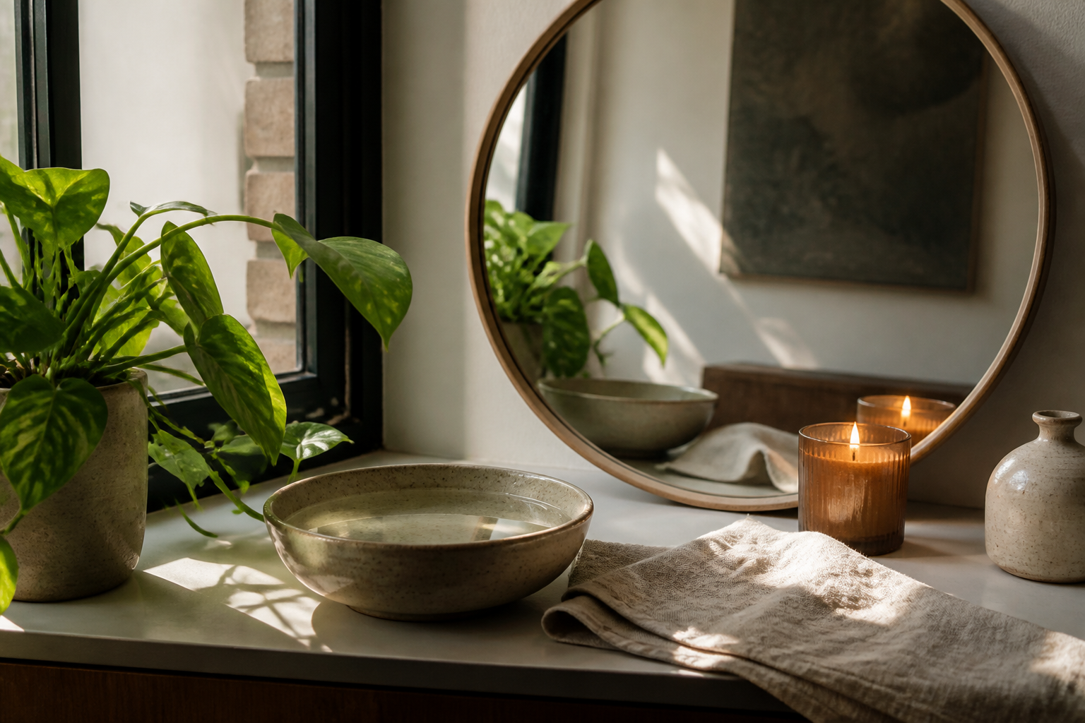 Person quietly mending terracotta fabric at a sunlit table.