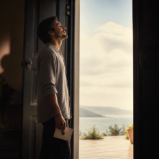 An adult stands in a softly lit doorway, leaving a shadowed room and moving toward an open luminous space.