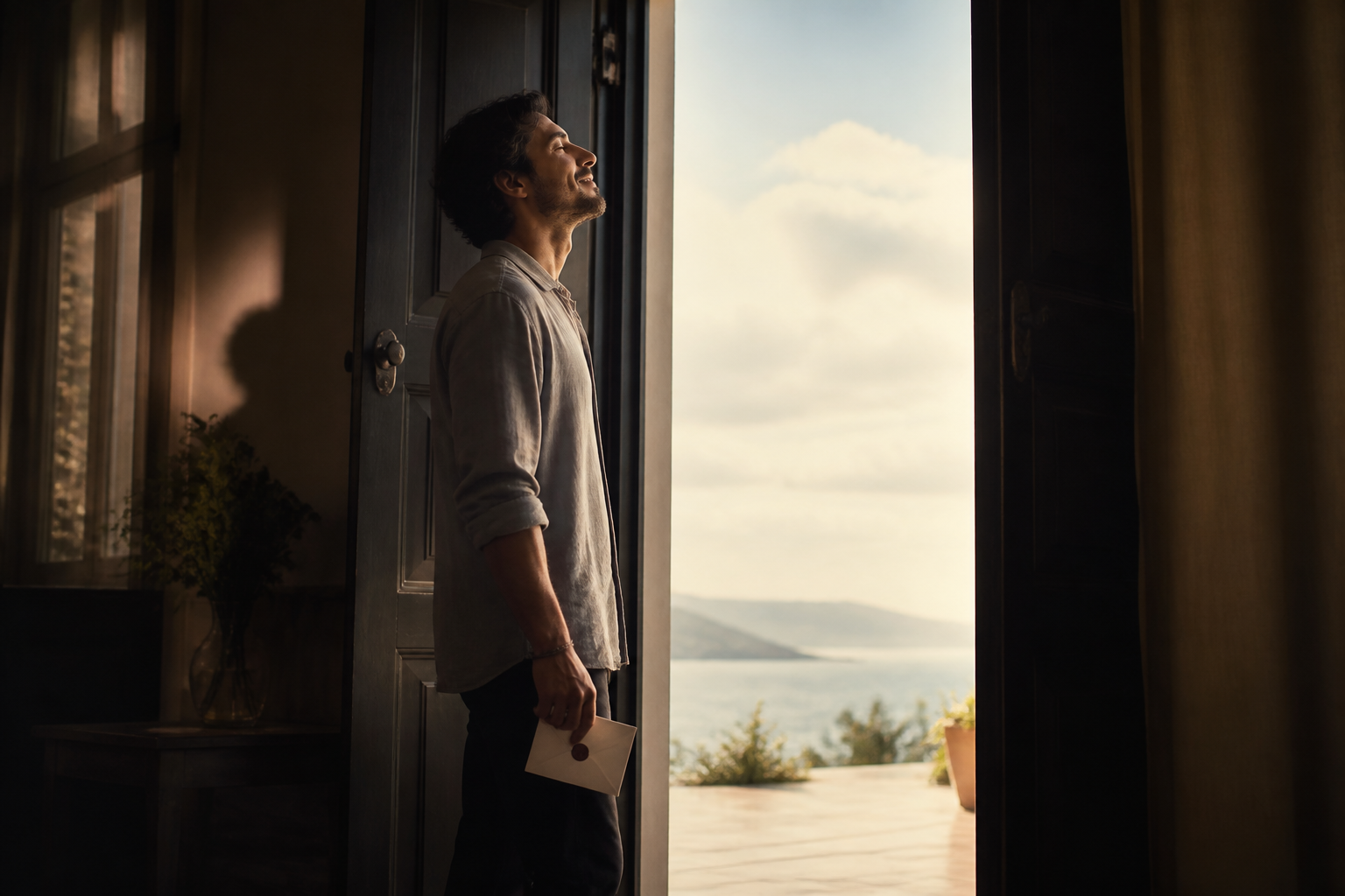 An adult stands in a softly lit doorway, leaving a shadowed room and moving toward an open luminous space.