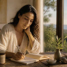 An adult journaling about a hopeful future relationship in a softly luminous romantic setting.