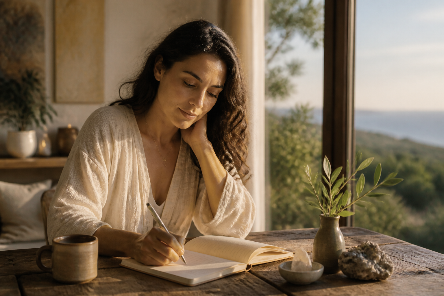 An adult journaling about a hopeful future relationship in a softly luminous romantic setting.