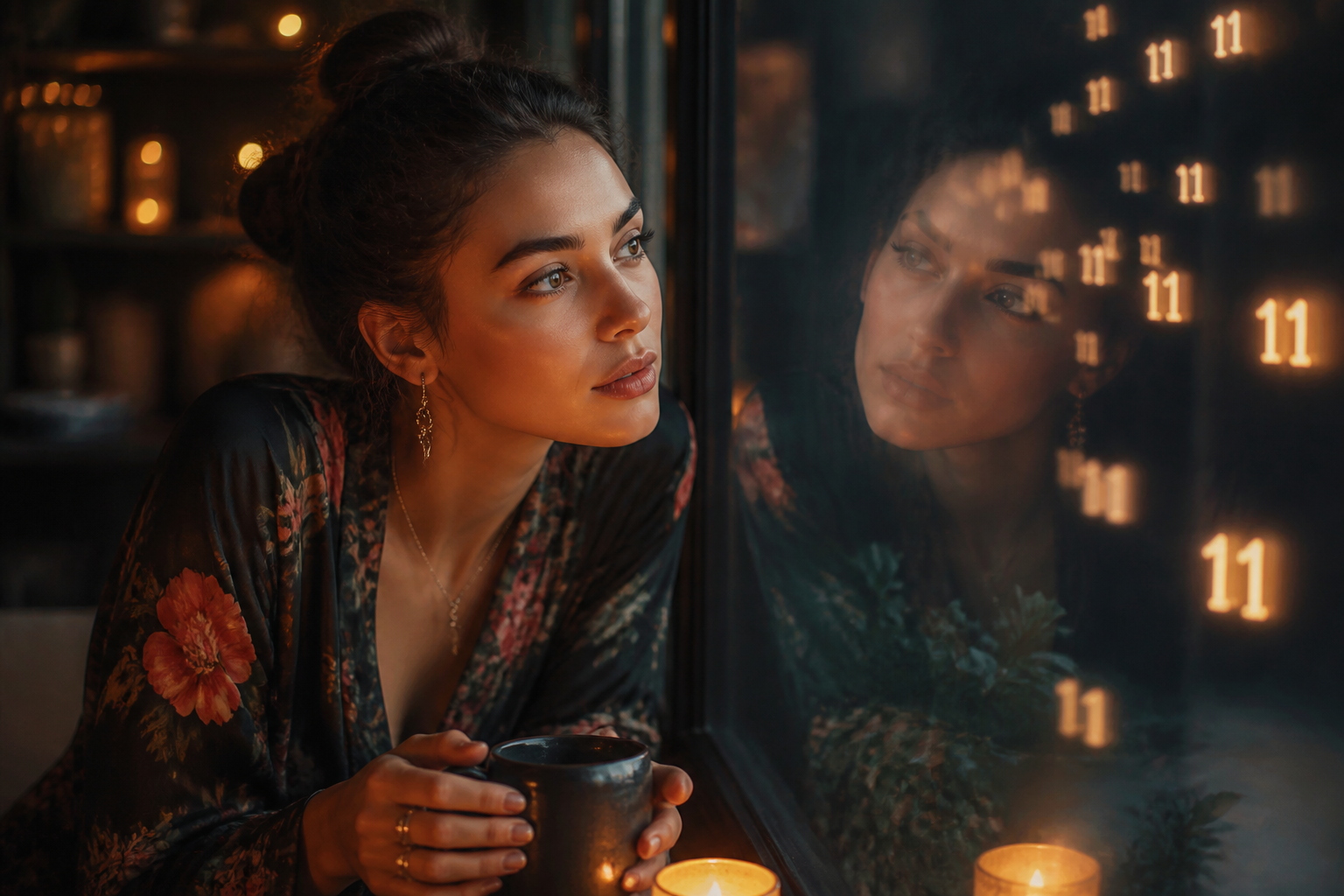 An attractively styled adult reflecting as subtle repeating numerical reflections appear nearby.