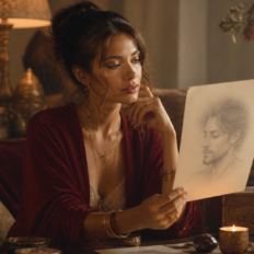 An adult thoughtfully studies an indistinct romantic portrait, reflecting on what a soulmate sketch can and cannot reveal.