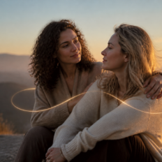 Two adult friends share a warm, emotionally supportive moment in an elegant editorial setting.