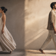 Two people moving in different directions while sharing a subtle visual connection, symbolizing complementary opposites in love.