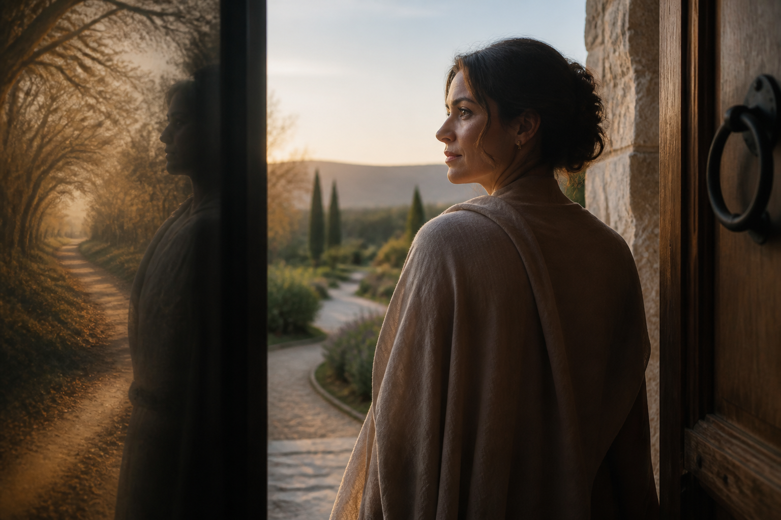 An adult standing between two softly overlapping paths, symbolizing hope and discernment after reconnecting with a past love.