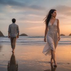Two adults moving apart in a romantic editorial scene, expressing love complicated by distance and timing.
