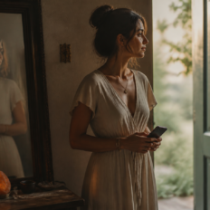 An adult holding a phone and looking through an open doorway with hopeful, thoughtful anticipation.