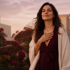 Self-possessed woman expressing openness and emotional self-trust in a romantic editorial setting.