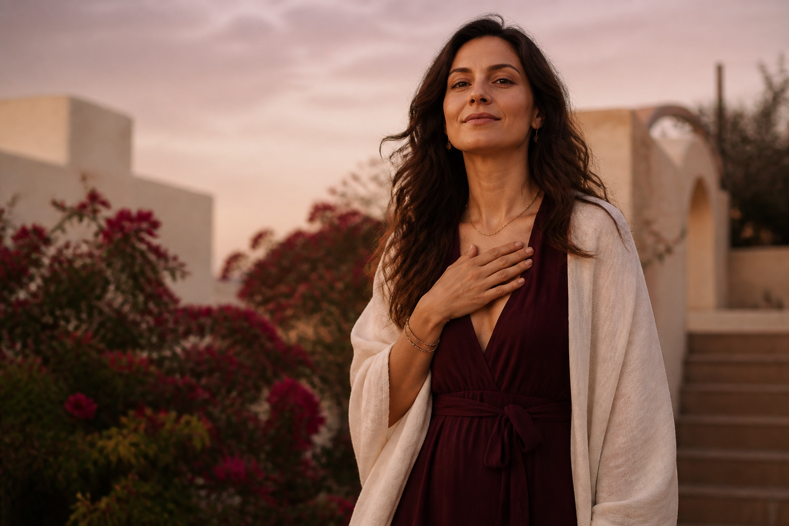Self-possessed woman expressing openness and emotional self-trust in a romantic editorial setting.