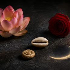 Hands arranging a rose, cowrie shell, water bowl, and spiral drawing.
