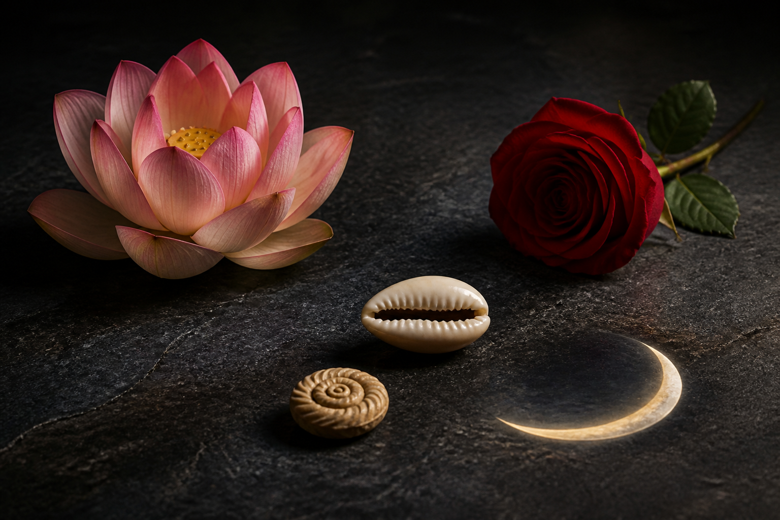 Hands arranging a rose, cowrie shell, water bowl, and spiral drawing.