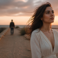 A person moving forward alone while a distant figure fades softly behind them.