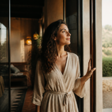 An adult stands between a dreamlike interior and an open luminous space, sensing an indistinct romantic presence.