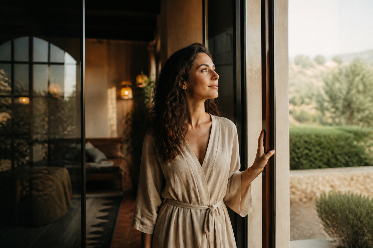 An adult stands between a dreamlike interior and an open luminous space, sensing an indistinct romantic presence.