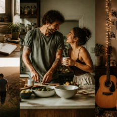 Romantic editorial scene symbolizing a grounded dream relationship through shared everyday details and emotional connection.
