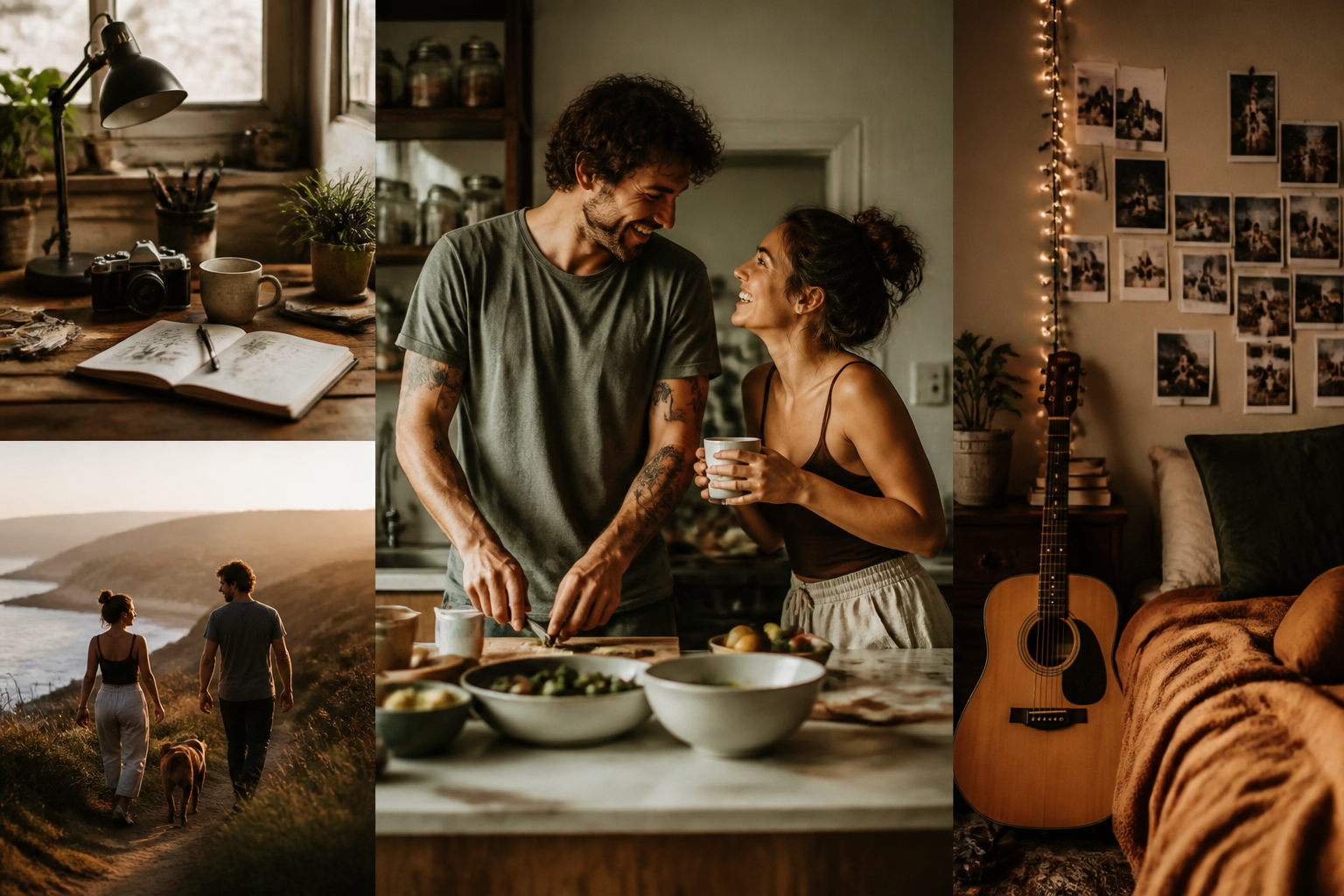 Romantic editorial scene symbolizing a grounded dream relationship through shared everyday details and emotional connection.