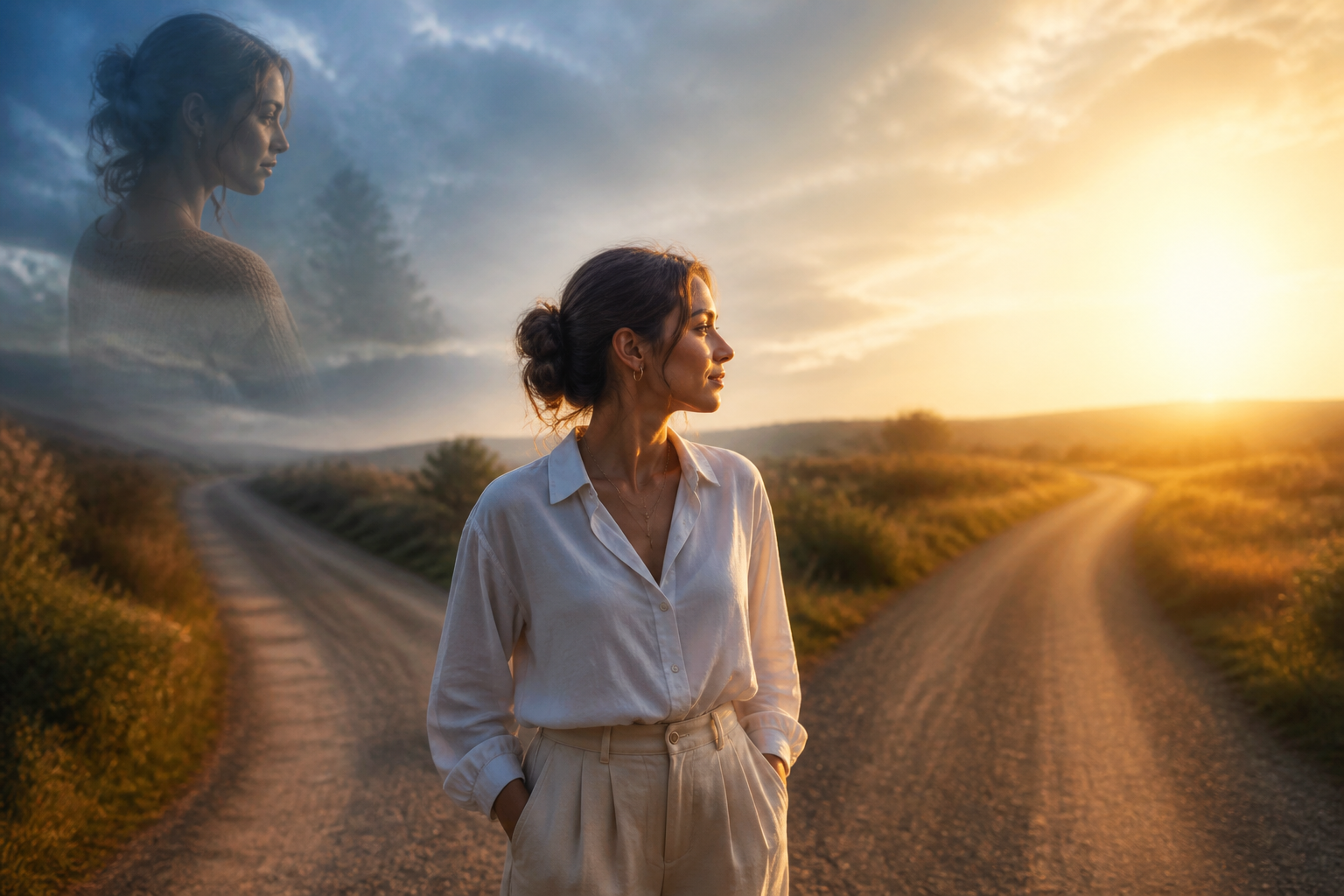 An adult stands between a blurred nostalgic past and an open path ahead, symbolizing release and hope.