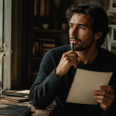 An adult poet reflects over a handwritten page beside a meaningful personal object.