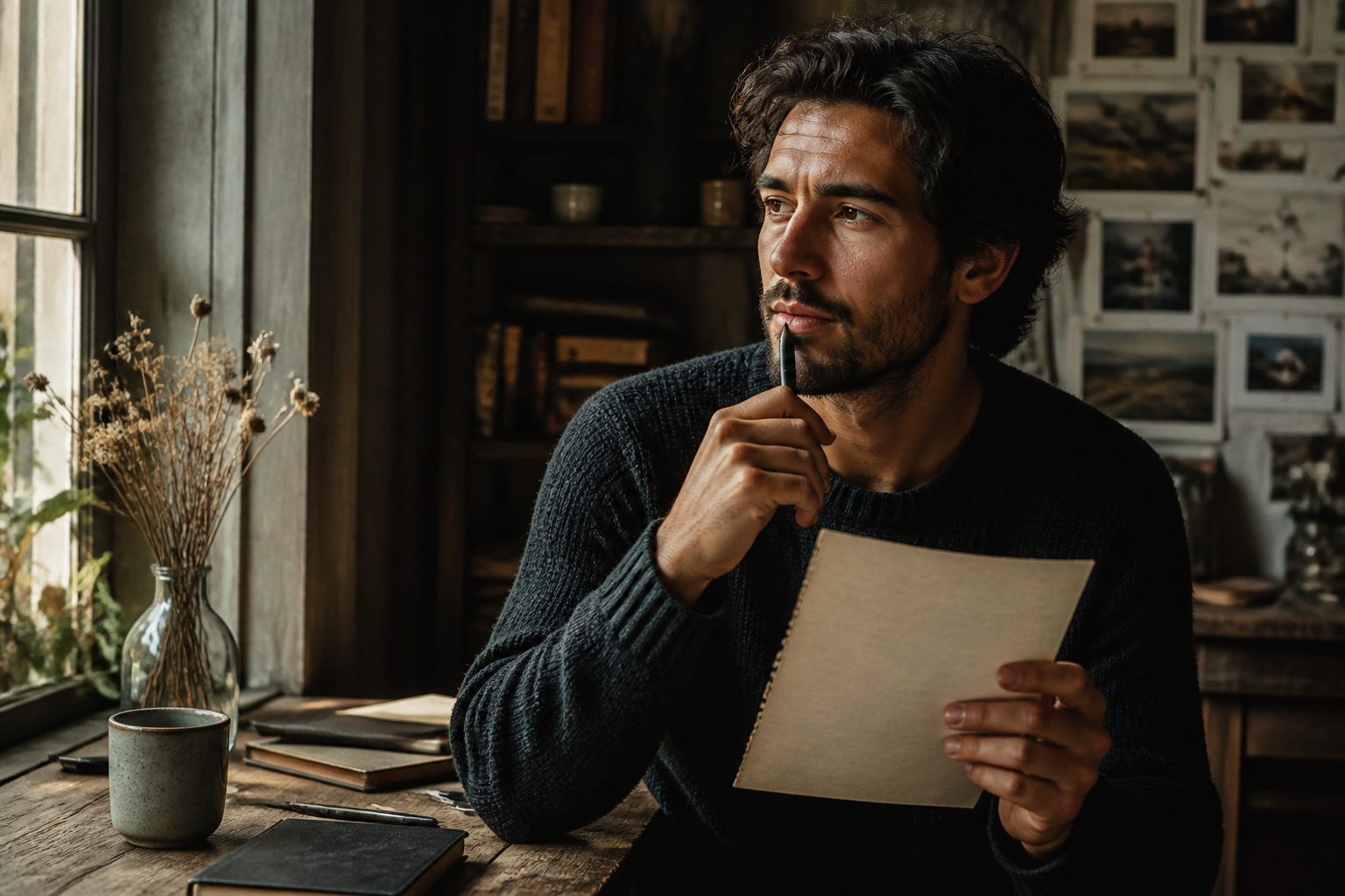 An adult poet reflects over a handwritten page beside a meaningful personal object.