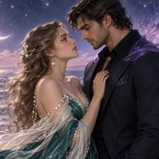 Elegant Pisces woman and Scorpio man sharing a tender near-touch beneath a lavender galaxy.