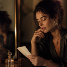 Thoughtful adult reflecting beside a subtle symbolic initial and soft luminous detail.