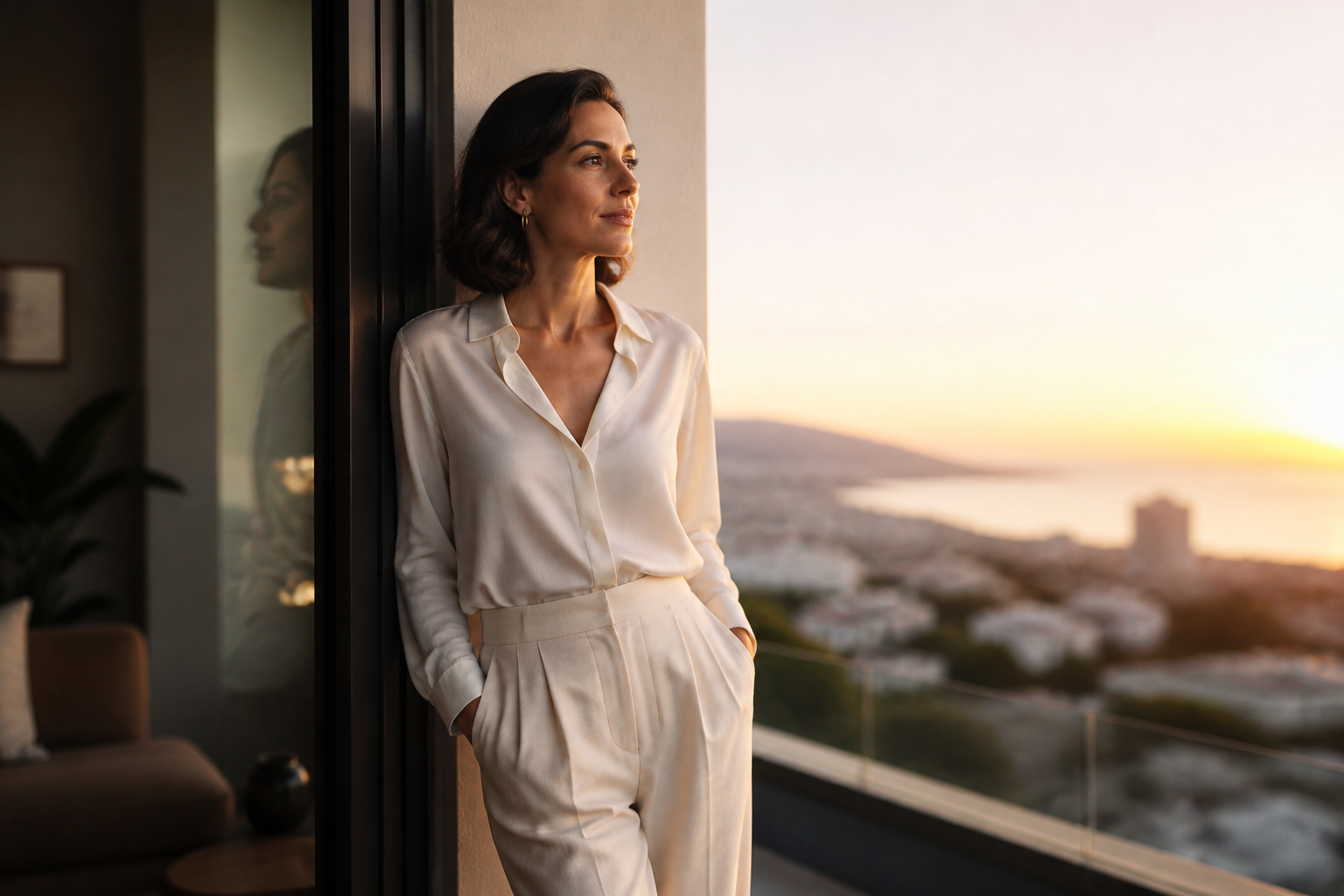 A reflective adult standing between an intimate interior and an open outdoor space, symbolizing clarity and readiness for healthy love.