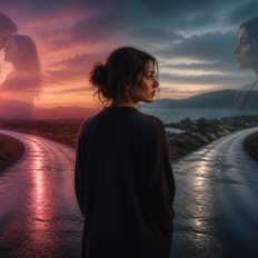 Thoughtful adult facing a reflective visual divide, symbolizing the choice between intense chemistry and grounded connection.