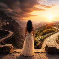 An adult standing between two contrasting paths, symbolizing the choice between a karmic pattern and a healthy soulmate-style relationship.