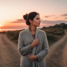 An introspective adult standing at a softly divided path, reflecting on love and the future.