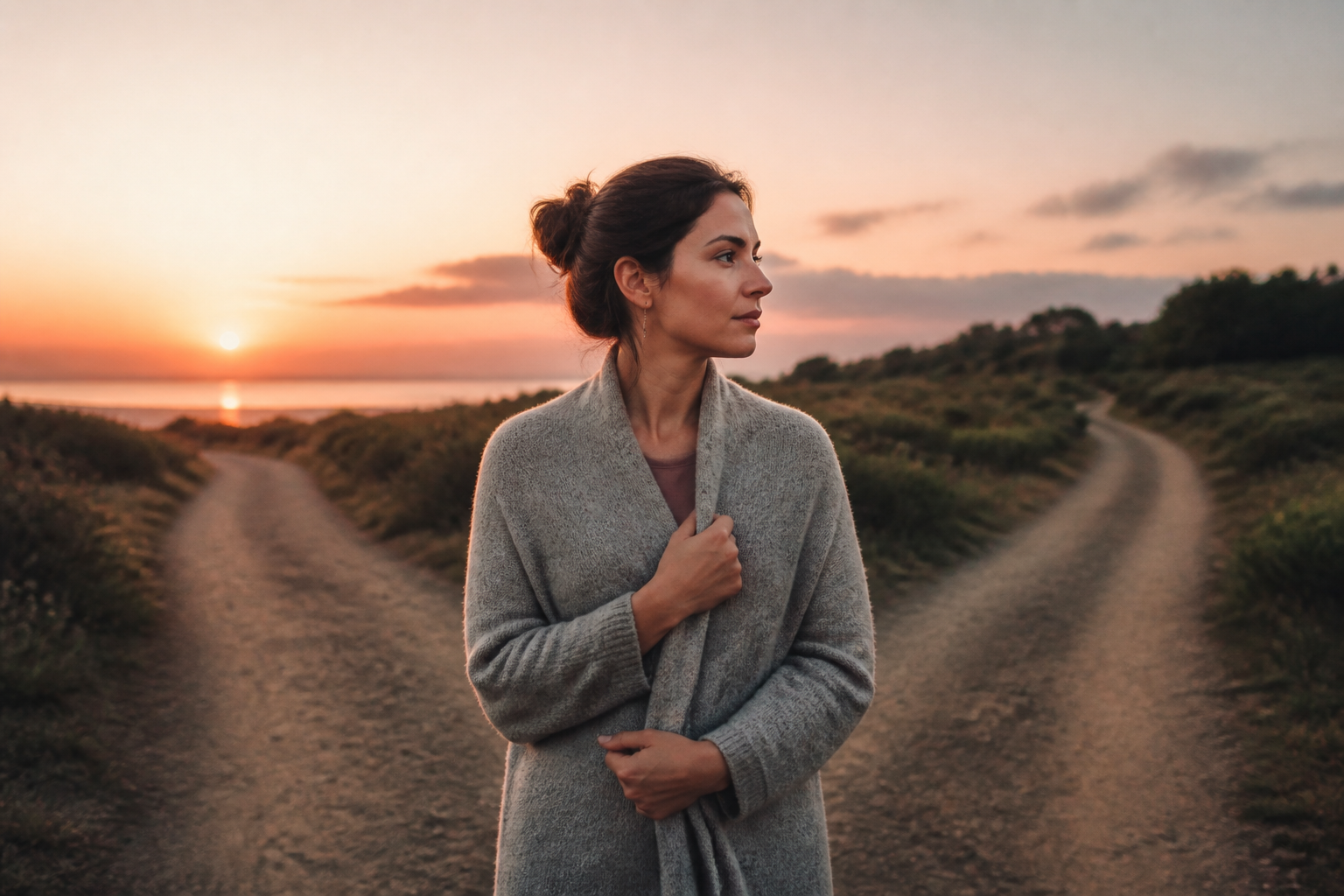 An introspective adult standing at a softly divided path, reflecting on love and the future.
