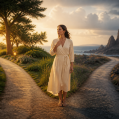 An adult thoughtfully choosing between a calm romantic path and a more mysterious, intense one.