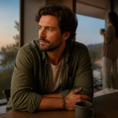 An editorial portrait of one person moving from post-argument tension toward calm emotional repair, with another figure softly present in the background.