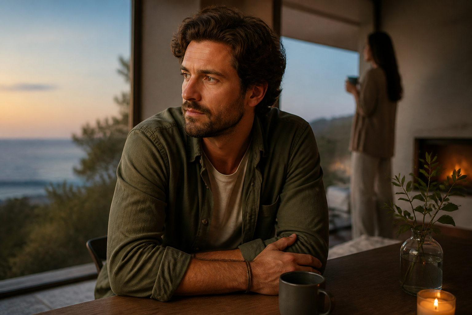 An editorial portrait of one person moving from post-argument tension toward calm emotional repair, with another figure softly present in the background.