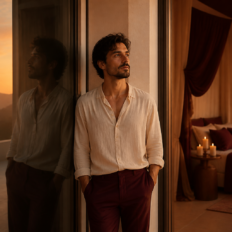 An elegant adult stands between two softly lit spaces, reflecting on the courage to express emotional needs in love.
