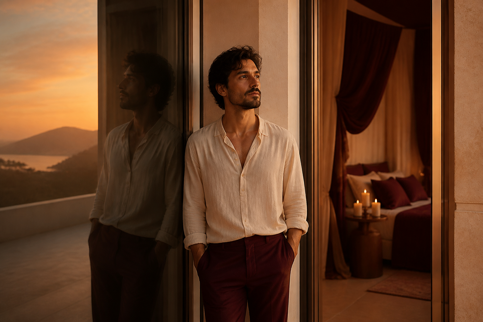 An elegant adult stands between two softly lit spaces, reflecting on the courage to express emotional needs in love.