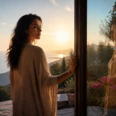A reflective adult standing near a luminous threshold with a subtle second silhouette reflected nearby.