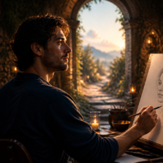 An adult thoughtfully viewing a hand-drawn romantic portrait as an imaginative reflection on future love.