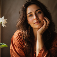 A charismatic woman with a calm, self-possessed expression, surrounded by a subtle botanical symbol of creative growth.