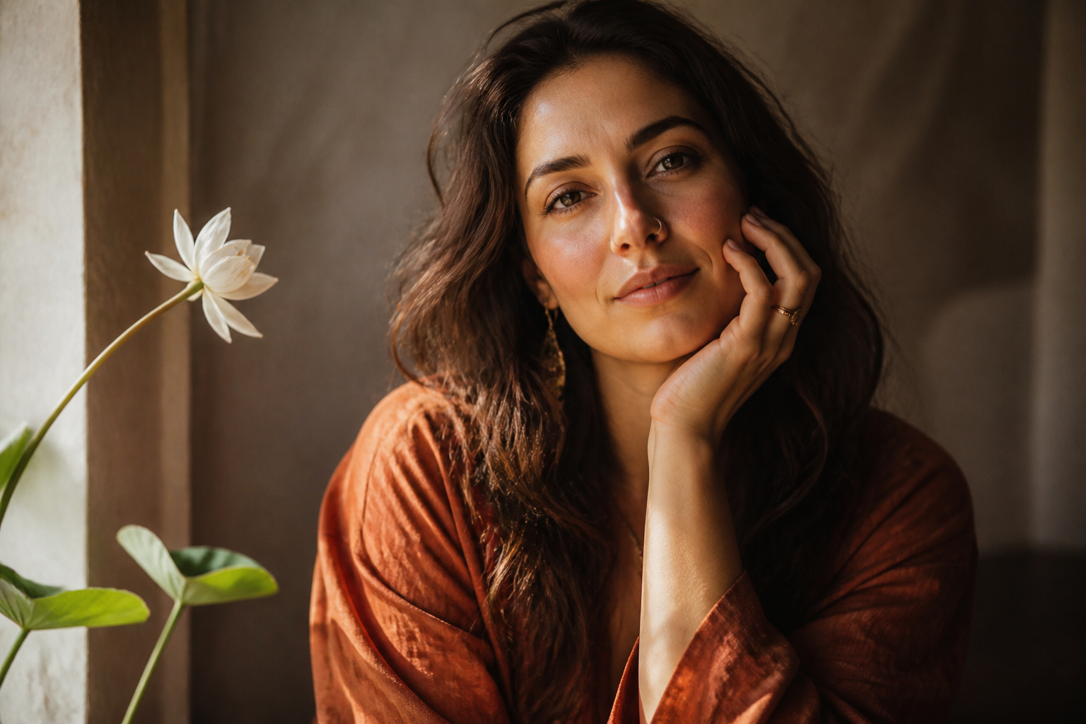 A charismatic woman with a calm, self-possessed expression, surrounded by a subtle botanical symbol of creative growth.