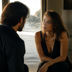 Two adults share a quietly familiar moment with their reflections echoing behind them.