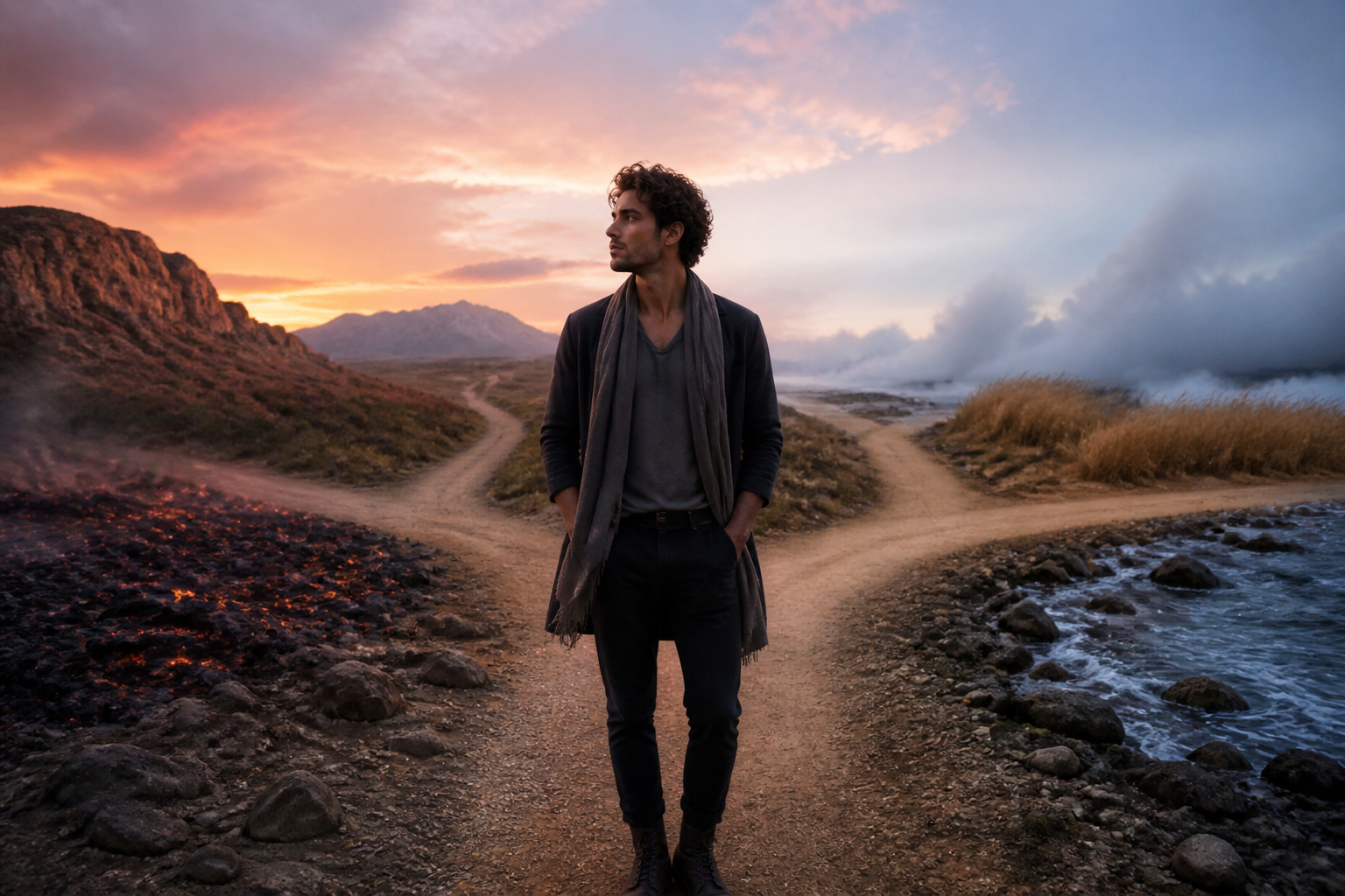 An adult standing at a symbolic crossroads beneath a luminous twilight sky, surrounded by subtle visual cues for the four zodiac elements.