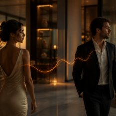 Two adults moving in different directions with a subtle luminous connection and zodiac symbols reflected in glass.