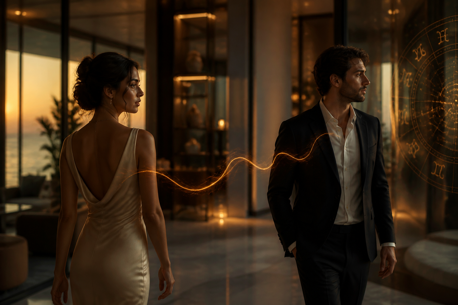 Two adults moving in different directions with a subtle luminous connection and zodiac symbols reflected in glass.
