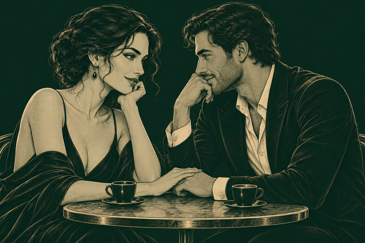 A beautiful couple sharing a private smile across a small table, their hands touching.