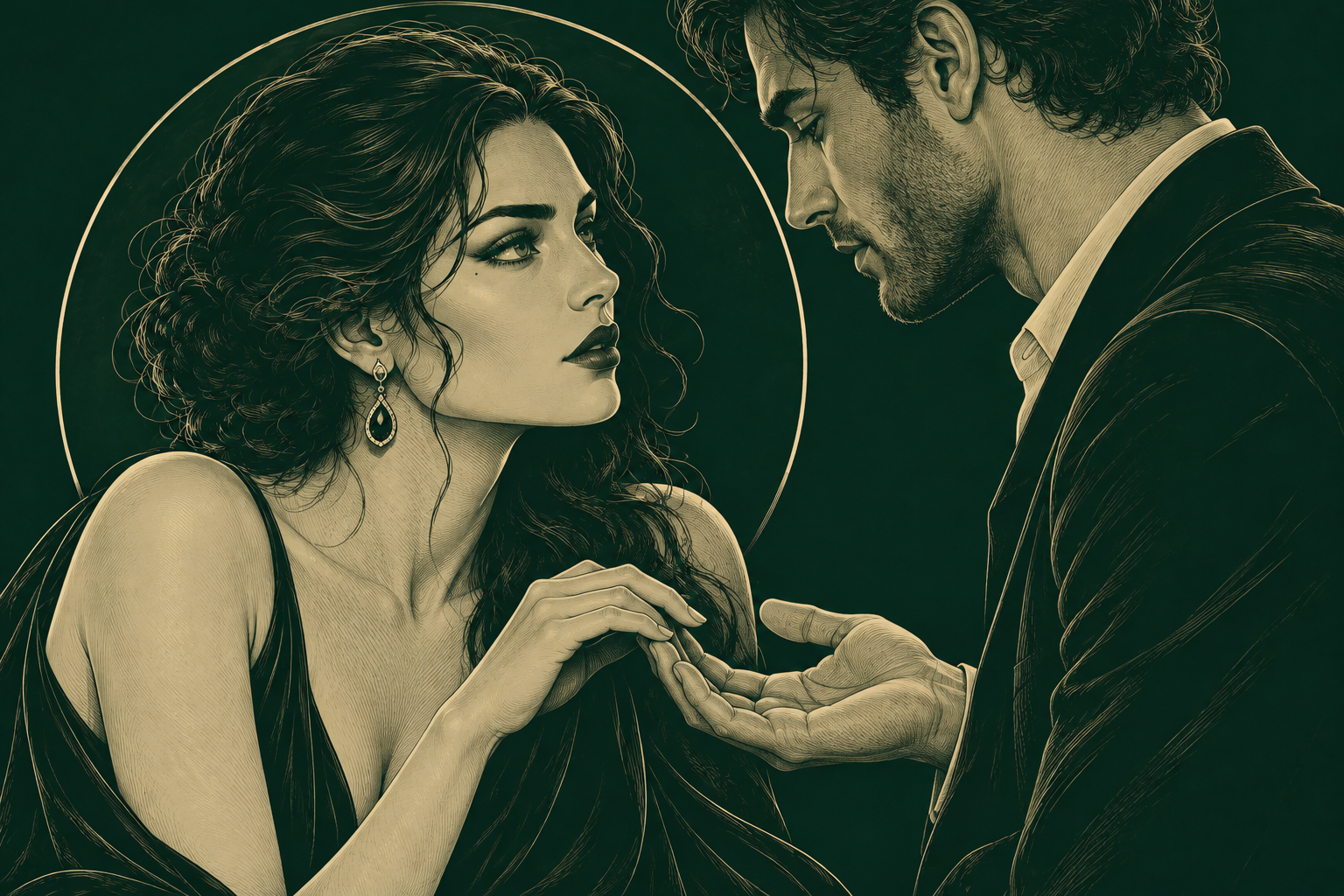 A romantic pair turning toward one another, one offering an open hand in a quiet moment of tenderness.