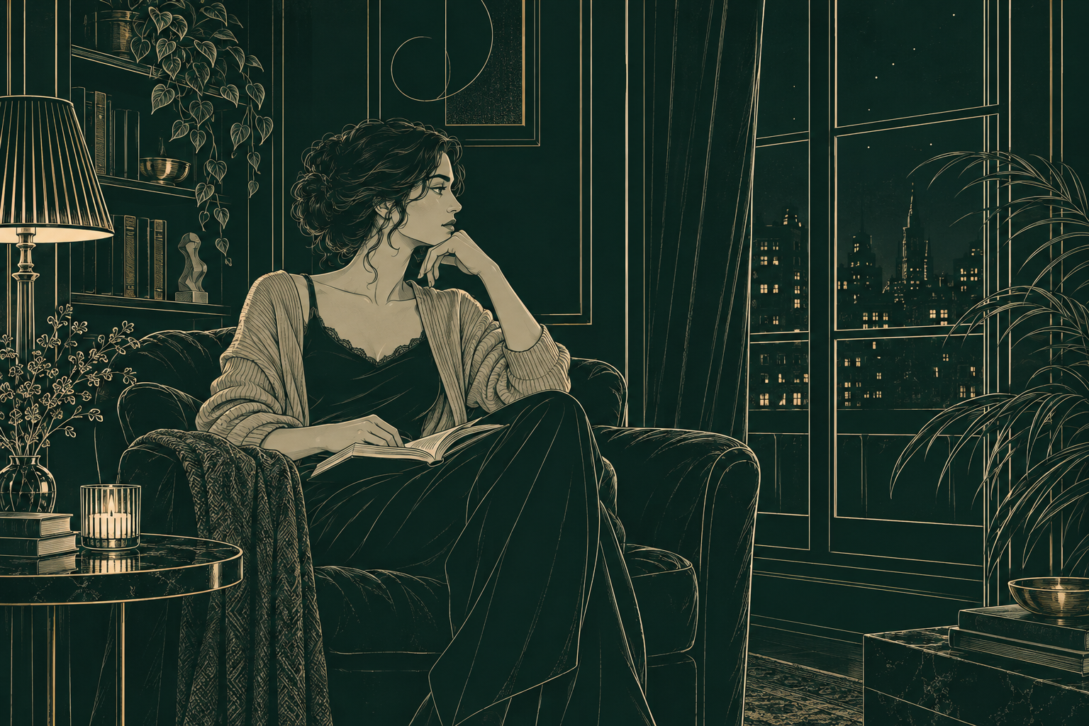 An illustrated woman seated beside a tall window with an open book in a quiet evening room.
